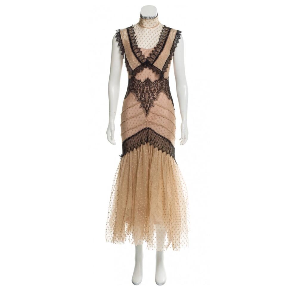 $1675 NEW NATASHA ZINKO NUDE LACE TULLE MAXI EVENING POLKA DOT PARTY DRESS